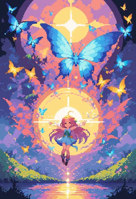 pixel art,girl,flowers,vibrant colors,bright,playful,retro,glowing,sparkling,sunshine,butterflies,magic,fantasy,floating,endless,twinkling,mystical,fairy tale,childhood memories,joyful,happiness