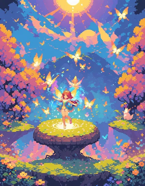 pixel art,girl,flowers,vibrant colors,bright,playful,retro,glowing,sparkling,sunshine,butterflies,magic,fantasy,floating,endless,twinkling,mystical,fairy tale,childhood memories,joyful,happiness