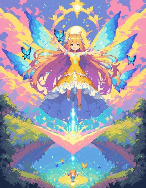 pixel art,girl,flowers,vibrant colors,bright,playful,retro,glowing,sparkling,sunshine,butterflies,magic,fantasy,floating,endless,twinkling,mystical,fairy tale,childhood memories,joyful,happiness