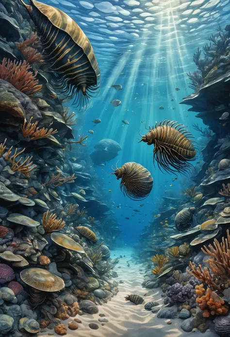 illustration art, shadow, ink, the best_quality,detailed, 8K, watercolor，,, high dynamic range,underwater, (A swarm of trilobites：1.4) Excellent location, flight, underwater，seabed，Ediacaran、Cambrian、（paleontology，Trilobites，Magnificent marine ecology，：1.5...