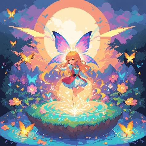 pixel art,girl,flowers,vibrant colors,bright,playful,retro,glowing,sparkling,sunshine,butterflies,magic,fantasy,floating,endless,twinkling,mystical,fairy tale,childhood memories,joyful,happiness