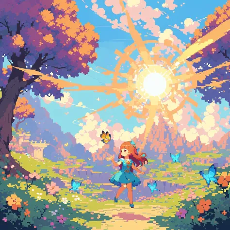 pixel art,girl,flowers,vibrant colors,bright,playful,retro,glowing,sparkling,sunshine,butterflies,magic,fantasy,floating,endless,twinkling,mystical,fairy tale,childhood memories,joyful,happiness