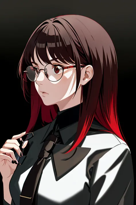 a 1girl, body complet, very detail, a lot of details, very extremely beautiful,  ((masterpiece, minimalism)), (short black and red Hair), black necktie, (red or black shirt), Dark colors, looks into space, ((glasses))