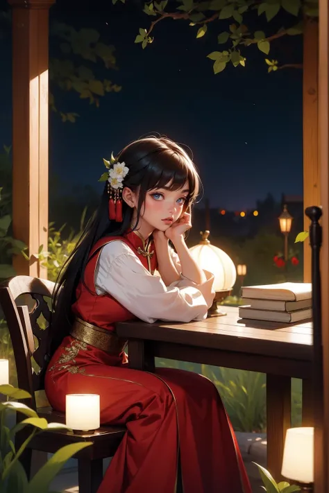 A photo of a beautiful girl in a traditional Chinese dress looking at ancient chinese book under lamp on a low table in garden surrounded by old walls in a peaceful night,((her right hold a pen and her left hand place on table)),((masterpiece)),realistic,4...