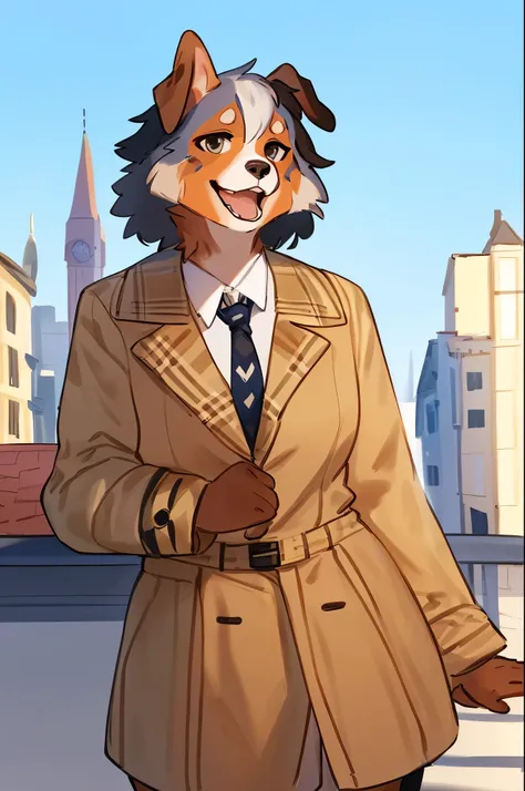 by bebebebebe, by lostgoose, by goonie-san, solo, female, standing, ((snout, hair, australian shepherd)), detailed eyes, french city, open mouth, smiling, happy, ((designer clothes, burberry))