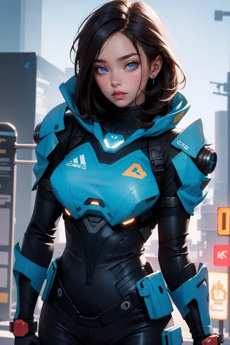 masterpiece,  best quality, , (solo), 1girl, look up, dim light, , Horizon_(apex legends), goggles, blue eyes, brown hair, gauntlets, shoulder armor,  headwear, (freckles:0.5), , (science_fiction), outdoors, street, neon lights, cyberpunk,