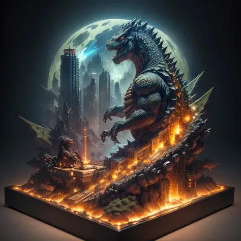 3598年godzilla star realistic model, (Bifurcation, original photo, best quality, masterpiece:1.4),steampunk cyberpunk 6820 godzilla city,(Cyberpunkgodzilla star light:1.3), godzilla star (related to land),(in a godzillabox:1.3),Isometric, godzilla landscape...