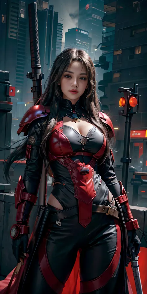 photorealistic, high resolution, soft light,1women, solo, hips up, (detailed face), red long hair, cybersamurai, cyborg, cyberpunk,  cyber armor, holding weapon,glowing,gun, city at night