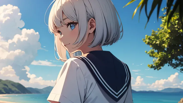 8K、RAW photo、highest quality、masterpiece:1.2)、illustration touch、super detailed、超A high resolution、(wide angle lens)、1 girl、Rear view、cute、high school student、Look here、Dont、pure white hair、bob hair、sailor suit、navy blue collar、short sleeve、deep blue eyes、...