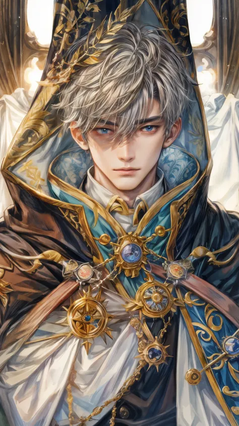 (absurdres, highres, ultra detailed, HDR), masterpiece, intricate, best quality, portrait of a handsome hero from tales of the rays, short hair, korean face, anime eyes, Alchemist outfit detailed interiors medieval style, detailed character