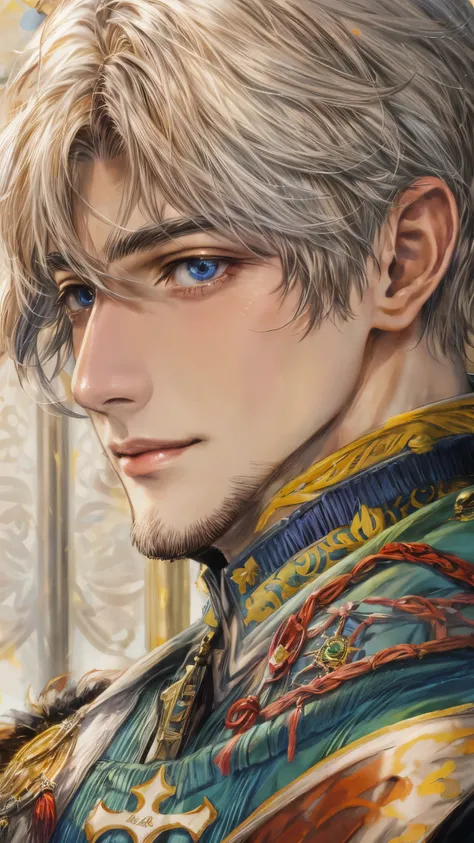 (absurdres, highres, ultra detailed, HDR), masterpiece, intricate, best quality, portrait of a handsome hero from tales of the rays, short hair, korean face, anime eyes, Alchemist outfit detailed interiors medieval style, detailed character