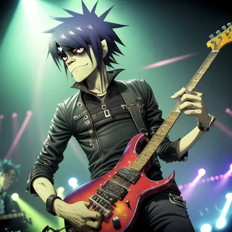 (best quality,highres,ultra-detailed),(gorillaz-style:1.1),murdoc niccals in a dress,(portrait:1.1),(vibrant colors),(stage ligh...