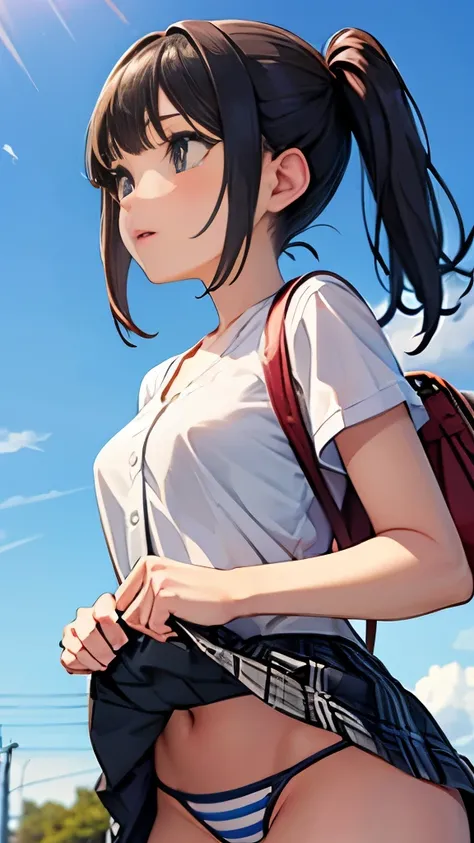 (student)，（masterpiece，highest quality），Black shoulder bag、Black pleated leeveless white blouse、short sleeve，black haired，twin tails，Summer training session，The wind is blowing，In town、congestion、the skirt lifts up、stripes々panties