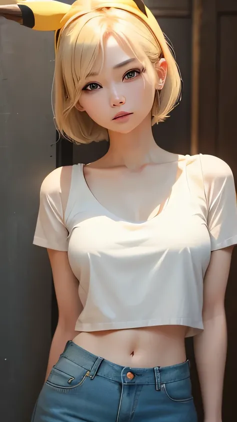 highest quality、超A high resolution、(Photoreal:1.4)、beautiful woman、Mature、korean idol、27 years old、hair length、blonde hair、neat short hair、pikachu ear headband、very small breasts、realistic eyes, thin narrow eyes、beautiful eyes、laughter、crop top、plain t-shi...