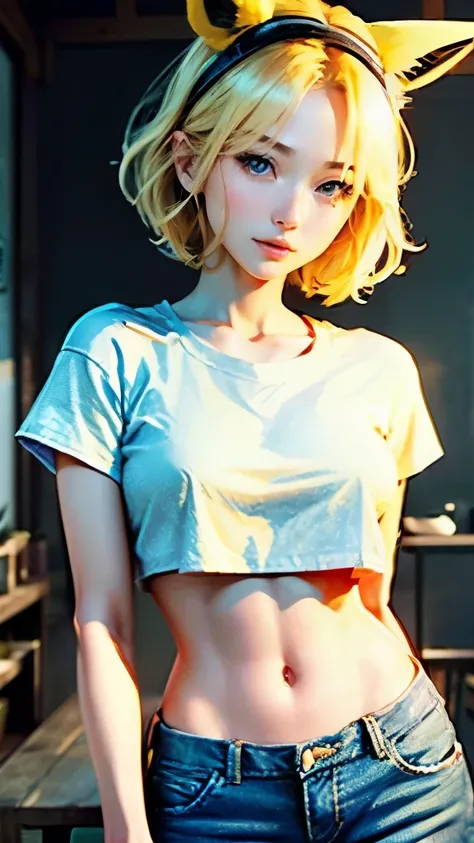 highest quality、超A high resolution、(Photoreal:1.4)、beautiful woman、Mature、korean idol、27 years old、hair length、blonde hair、neat short hair、pikachu ear headband、very small breasts、realistic eyes, thin narrow eyes、beautiful eyes、laughter、crop top、plain t-shi...