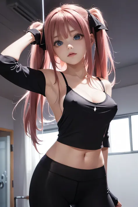 Optimal，masterpiece，High resolution，highest quality，（Upper body），cute face，，pink hair、twin tails、long hair、hair line，（（blue eyes）），long eyelashes，drooping corners of the eyes，white skin，((shoot from the front:1.5)), ((camisole:1.5)), ((tight yoga pants)). ...