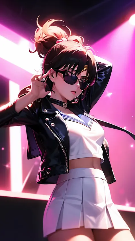 A cool Sailor Moon standing confidently on stage at a concert, bathed in the vibrant glow of neon lights. Her style is edgy and daring, with a leather jacket and dark sunglasses, embodying the epitome of coolness, elegant and charming