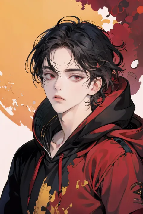 (((masterpiece))),best quality, 1male, messy hair, black hair, hair covering forehead, half body, maroon hoodie plain, deadpan expression,