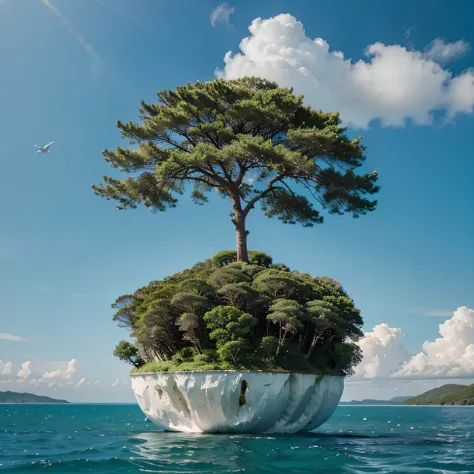 floating island in the sea, above the sea has a shady tree