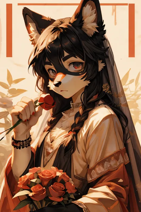 cover page, marriage information magazine, Watercolor elements, 1girl, kemono, furry, detailed body fur, animal face, animal hand, cute girl holding a red rose and looking at viewer,