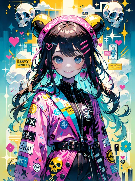 Ai Yazawa style、"cute, beautiful, Adorable girl wearing pink clothes, yellow, and baby blue color scheme. She is wearing a costume with a SKULL motif inspired by a female pirate.。.。.。.。.... her costume is fluffy and soft, Comes with decorative accessories ...