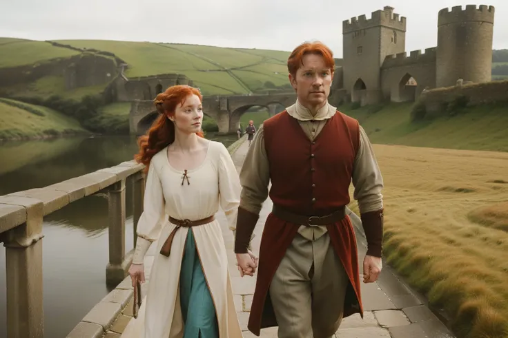 England, 1361. ((Wide shot)), ((((45-year-old)) Merthin Fitzgerald)), handsome, athletic, crossing a bridge with his wife,  ((Caris Wooler)), holding hands. ((((clothings from the 1360s)))), ((redhead hairstyle of the 1360s))