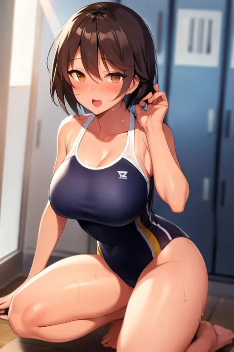 2D，highest quality，(masterpiece)，(full body)，Shameimaru text，brown hair short cut，(Brown Lady)，(healthy dark skin)，(Sunburn mark)，clavicle，（New School Swimwear），JK，Shiny bare legs，barefoot，beautiful brown eyes，attractive thighs，big breasts，locker room，lock...