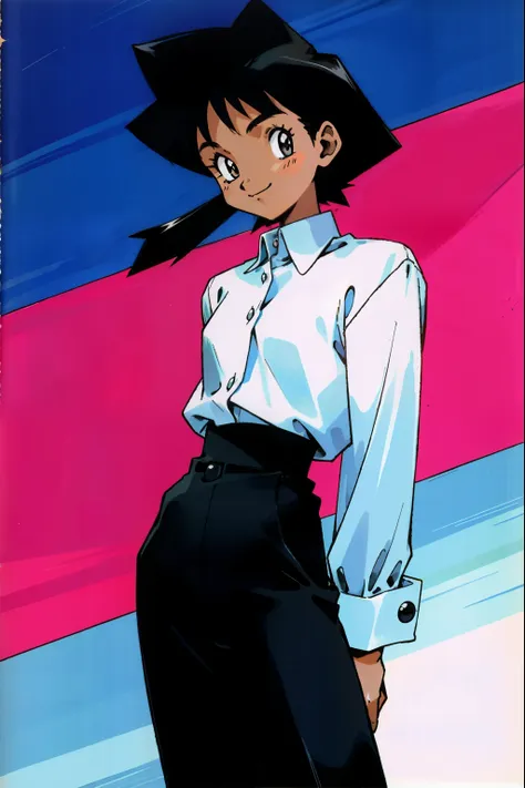 by ken sugimori, sugimori 1990s, ((only 1woman)), african, dark skinned, black business suit, smiling, white collared shirt ((ha...