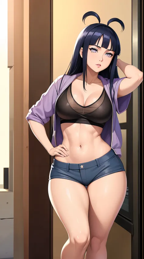 Hinata Hyuga, Anos 90, Moda Hip Hop, suburb, brooklyn 1993, Extremamente Realista, muito linda, sexy, bunda Grande, pernas grossas, usando um short curto, bunda empinada, estilo Hip Hop, anos 90, extremamente bonita