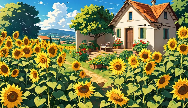 Imagine a small 1-room house, de pessoa humilde , antiga, Garden with sunflowers , amarelo ,Italy style, arte de qualidade ,sozinha, ao amanhecer ,nascer do sol radiante , Summer, birds octane , dia, estilo anime Akyra toriyama