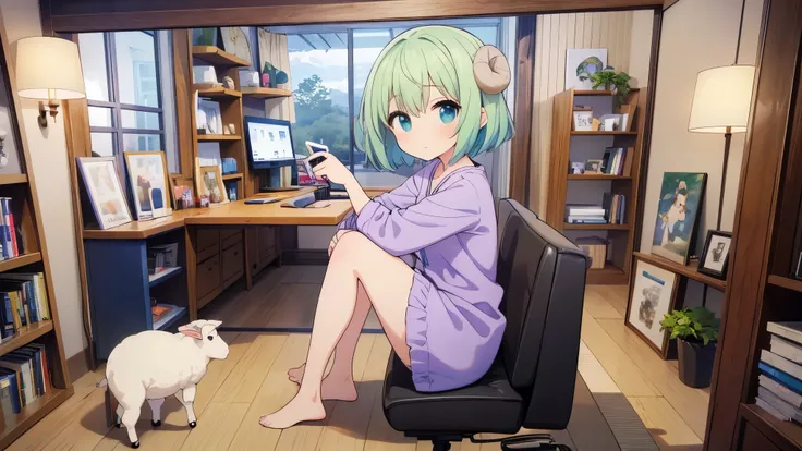 Sheep vtuber,shortcut,light blue hair、inner purple mesh、pajamas、Sheep world、merinoora, Merino, pajama, green hair, playing game, streamer, holding sheep, two legs, using gaming pc, short hair, Japan house, 1girl, 8k, masterpiece, looking at viewer
