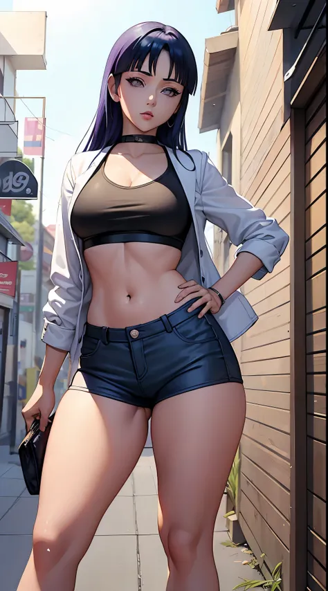 Hinata Hyuga, Anos 90, Moda Hip Hop, suburb, brooklyn 1993, Extremamente Realista, muito linda, sexy, bunda Grande, pernas grossas, usando um short curto, bunda empinada, estilo Hip Hop, anos 90, extremamente bonita