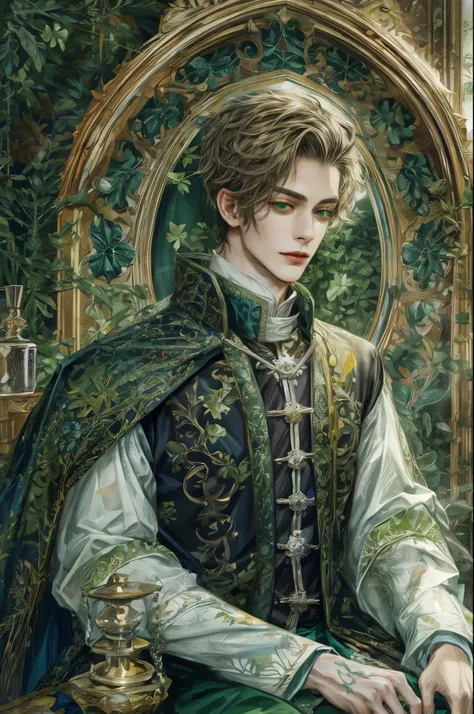 (absurdres, highres, ultra detailed, HDR), masterpiece, intricate, best quality, portrait of a handsome villain from alice in wonderland the clover queen male version, short hair, korean face, anime eyes, green gothic Prince outfit detailed interiors medie...