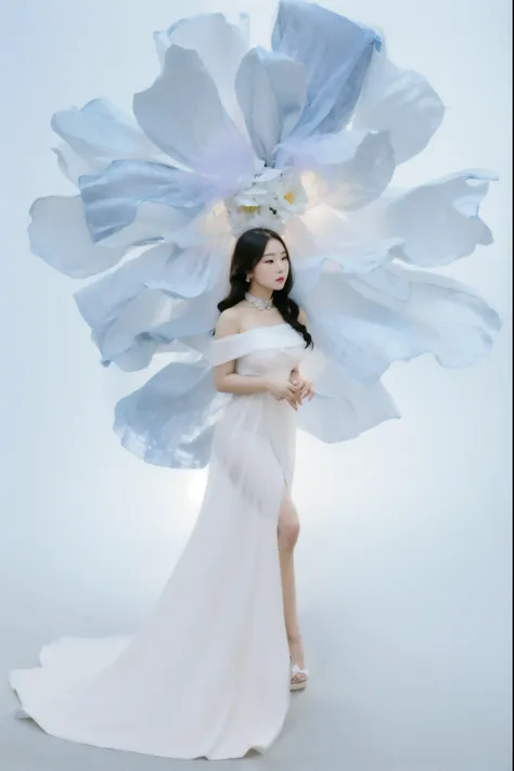 Best quality, masterpiece, ultra high res, (photorealistic:1.4), raw photo.
arafed woman in a white dress with a large blue flower, wearing organza gown, inspired by Zhang Yin, inspired by Sim Sa-jeong, a still of an ethereal, inspired by Huang Ji, inspire...