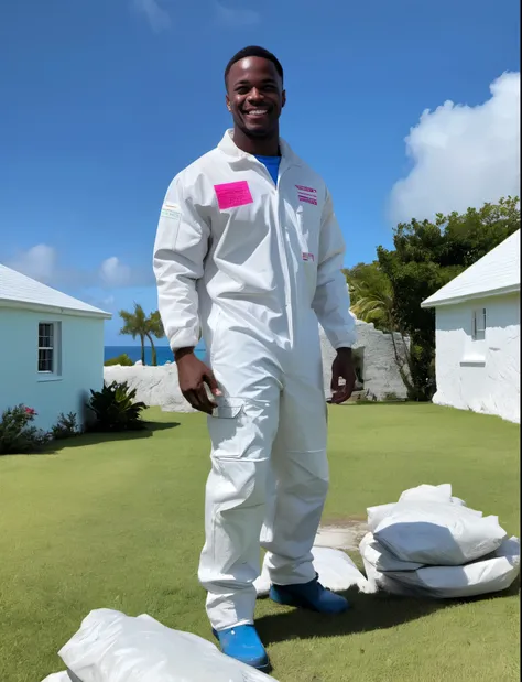 A young black man with a light smile wearing a white hazardous waste removal suit that has no logo, hands in his pockets. In the back yard of a house in Bermuda. the lady is wearing blue jeans and a bright pink top. the House should have a Bermuda limeston...