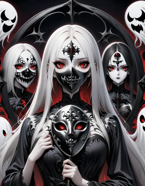 dark art，two dimensions，cartoon，（hand holding metal mask：1.5），（white-haired ghost，straight hair，red eyes），（gothic art），（fear：1.5...