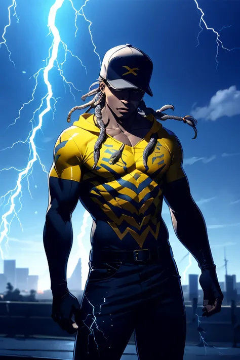 ((best quality)), ((masterpiece)), (detailed), An epic and visually stunning digital artwork featuring a mid-30s Static Shock (Black Man, Shoulder length dreadlock, slim build, defined chest) with X imprinted baseball cap. Wearing elaborate yellow cloak  W...