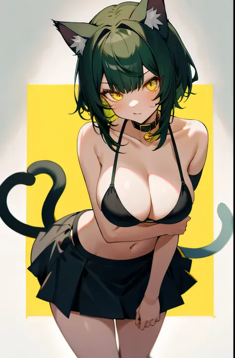 Girl, short dark green hair, yellow eyes, cat ears, cat tail, cat collar, big breasts, slim waist, tempting, short skirt, cat eyes, bikini