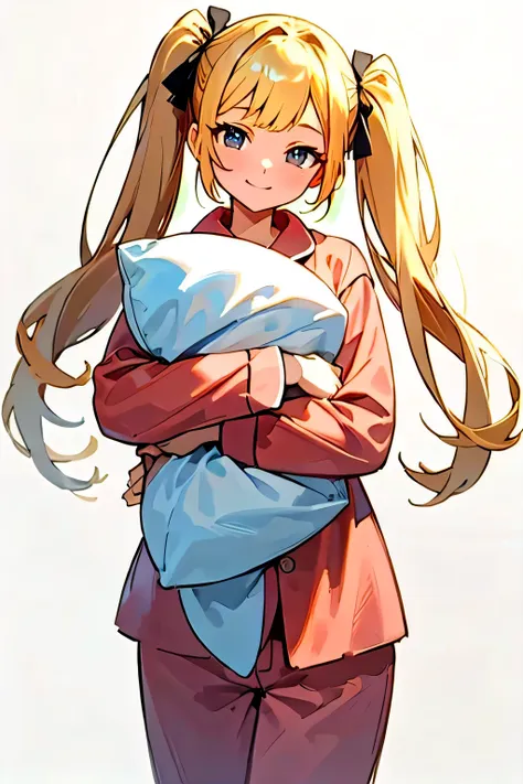 anime girl with ponytail holding pillow in her arms