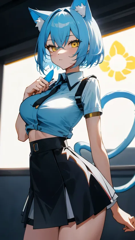 Girl, short light blue hair, yellow eyes, cat ears, cat tail, cat collar, big breasts, slim waist, tempting, short skirt, cat eyes, cat clothes, exposed stomach 🩵