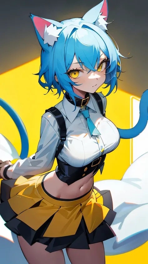 Girl, short light blue hair, yellow eyes, cat ears, cat tail, cat collar, big breasts, slim waist, tempting, short skirt, cat eyes, cat clothes, exposed stomach 🩵