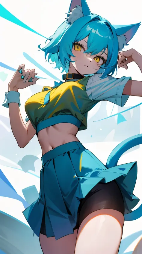 Girl, short light blue hair, yellow eyes, cat ears, cat tail, cat collar, big breasts, slim waist, tempting, short skirt, cat eyes, cat clothes, exposed stomach, blue bra, blue skirt, 🩵