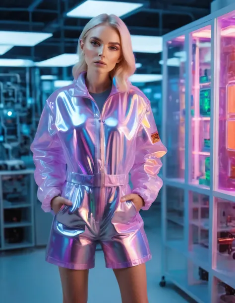 8k high resolution holographic magazine full body photoshoot of nuclear engineer blonde woman with brown eyes wearing transparent jacket in laboratory. Sour candy iridescent glossy vibe