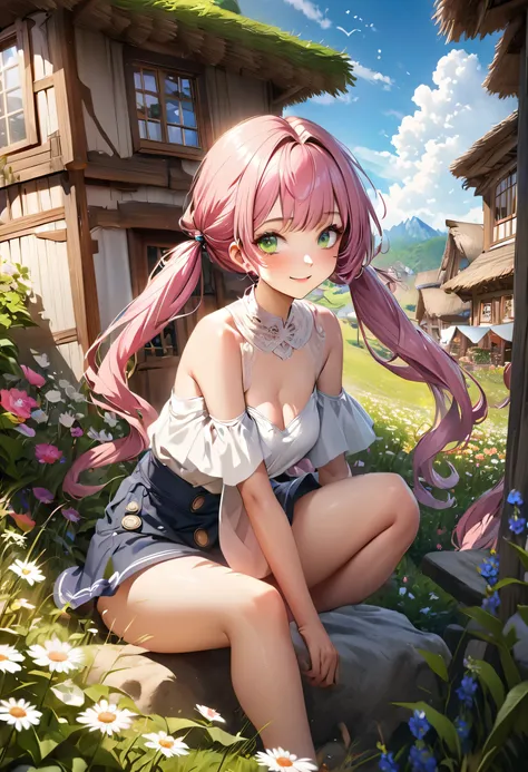 Realistic anime art style), (Alora: beautiful anime-styled girl with porcelain skin tone, striking green eyes, warm smile, long pink twintail hair, slender but curvy figure), fantasy village backdrop with thatched houses, flower meadow, look of curiosity a...