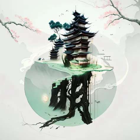 (Depth of field effect) (Ancient Chinese architectures on an isolated island), (tower, architecture) (pavilion,Miscellaneous trees, cloud, green trees, maple, mangrove, small stone, birdie), Chinese watercolor style, (Chinese painting风格), Chinese landscape...