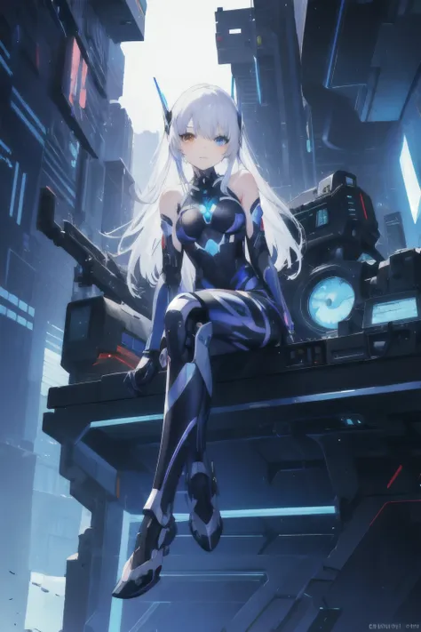 starfall, moonlight, sci-fi, cyber city, long hair, heterochromia, cyborg girl, sitting