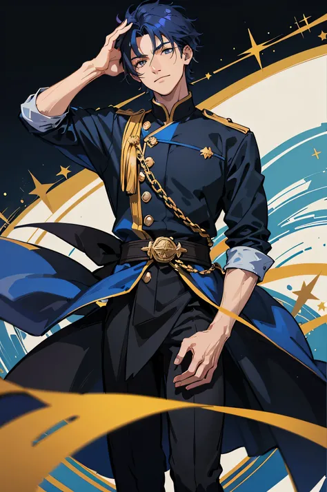 1 male, a men who is twenty-five year old, Dark-blue haired male character, Dark-blue hair that extends to shoulders, half body, high precision, fine, male character, HD face, fine eyes, yellow eyes like the star, modern clothing, black shirt, white tunic,...