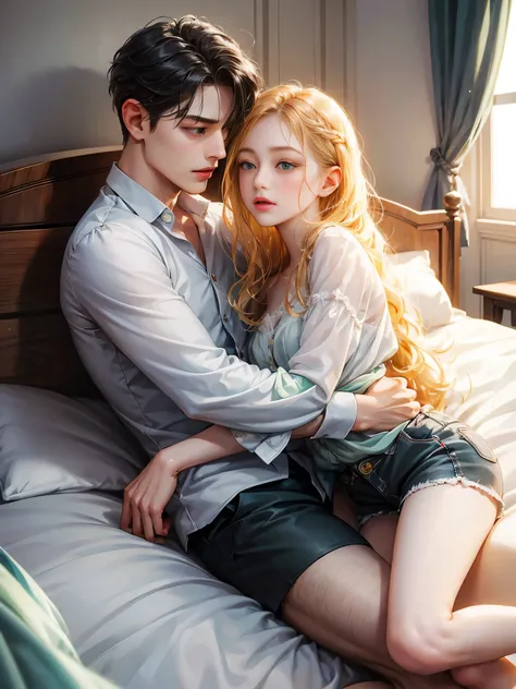 couple, 1 girl、1 boy, different hair color, long wavy blonde hair、No bangs、gray eyes, superior, shorts, With short black hair (green eyes) , superior half-dressed and jeans, They are lying in bed. hug, like,face to face, They stare into each others eyes