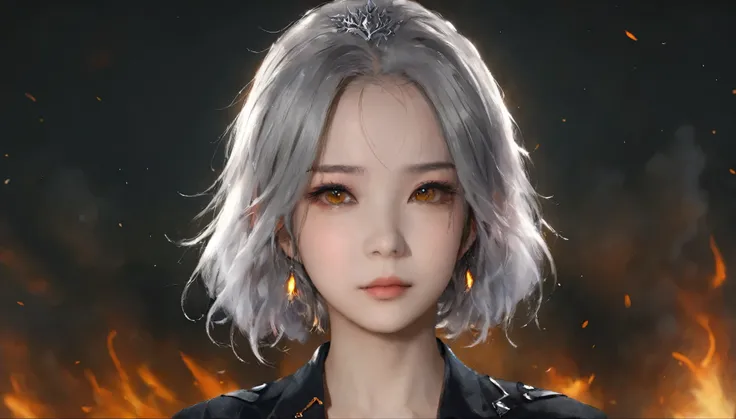 sam yang, wlop, dark night, blush, burning, queen uniform, closed mouth, eyelashes, looking at viewer, looking good, medium hair, motion blur, sharp eyes, golden eyes, silver hair, portrait, solo , ((masterpiece))