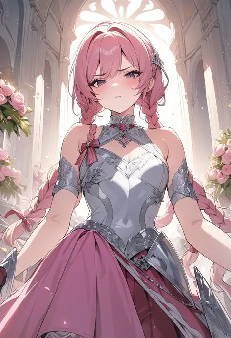 miss, Serious, warrior, armor, elegant, pink skirt, aristocratic, silver element, Long nails, bare shoulders, hairstyle, hair standing on end, Braids and ponytails, messy, arrogant, absurd, detail dress, royalties, celebration, Hall decorated with flowers,...